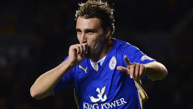 Leicester's Ignasi Miquel celebrates his first goal for the club