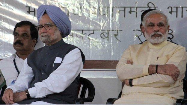 Mr Singh (left) and Mr Modi shared a stage on Tuesday but had opposing ideas on the legacy of Sardar Patel