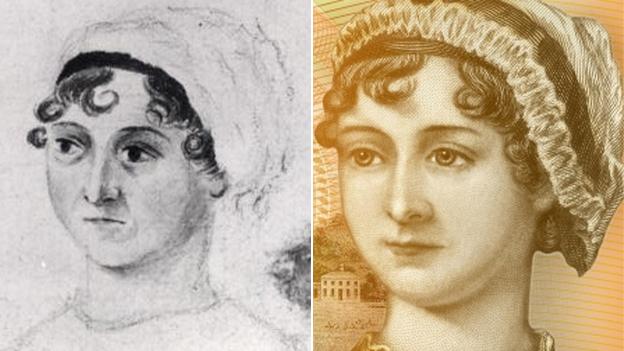 Jane Austen portrait by Cassandra (left) and portrait by William Home Lizars