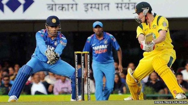 Australia's G Bailey plays a shot against India during the 4th ODI cricket match in Ranchi