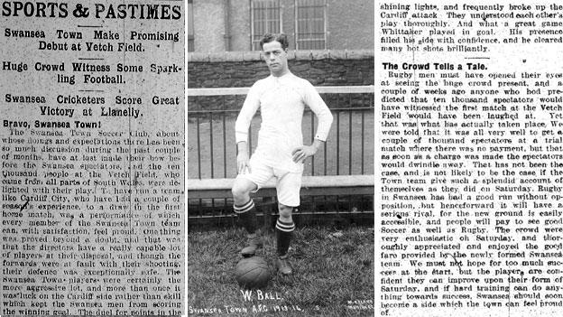 Left and right: "Bravo Swansea Town!” – Daily Post report of the game; Centre: Billy Ball, scorer of the Swansea Town goal