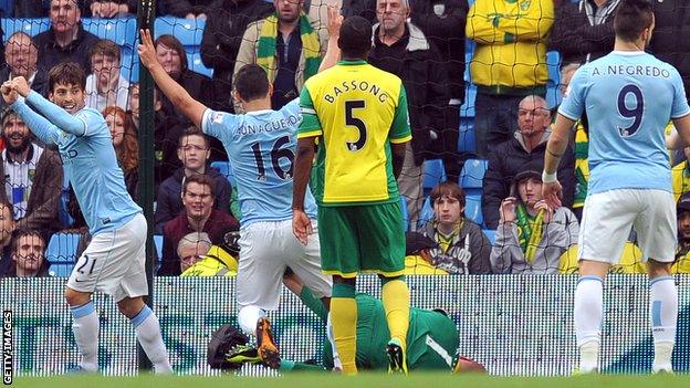 Manchester City celebrate scoring a goal against Norwich