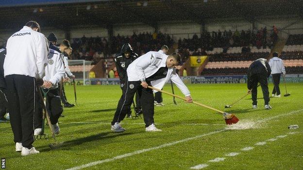 The wet pitch at St Mirren Park