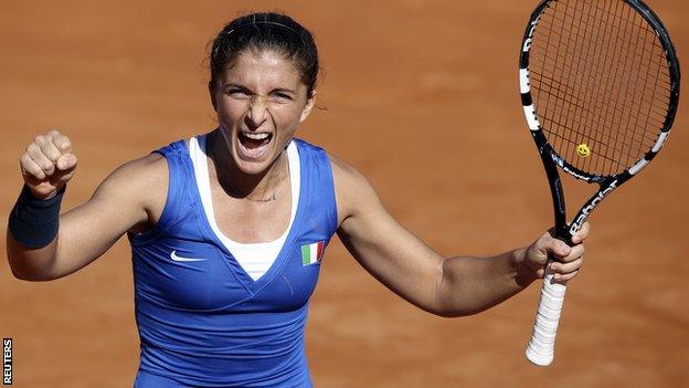 Sara Errani celebrates her Fed Cup victory against Alisa Kleybanova