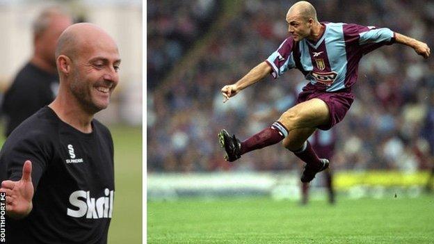 Alan Wright as Southport manager (left) and playing for Aston Villa