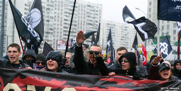 A group of ultra-nationalists on the outskirts of Moscow on November 4 2013, National Unity Day