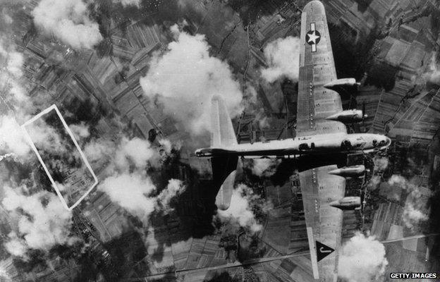 An Eighth Air Force bomber seen from above