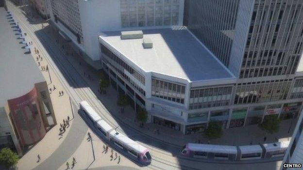 Artist's impression of new trams running in Birmingham