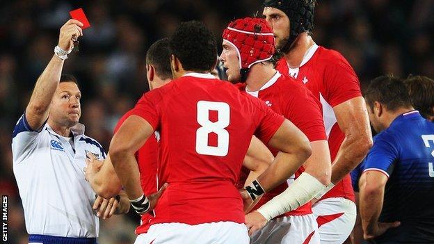 Alain Rolland sends of Sam Warburton (obscured) against France at the 2011 World Cup