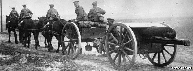 Horses pulling artillery in the Somme