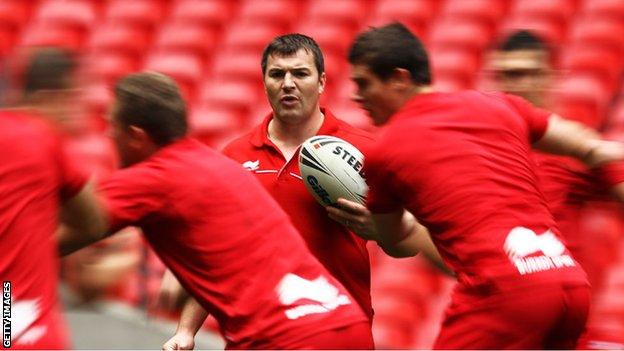 Iestyn Harris looks on as the Wales rugby league squad go through a training session