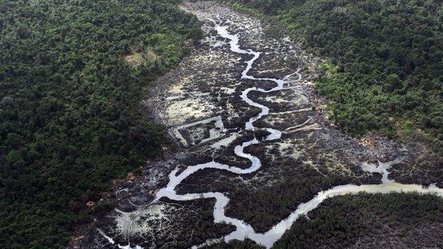 A creek devastated as a result of oil spills in the Niger Delta on 22 March 2013