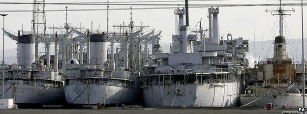 The US Naval Reserve vessels sit in a dry dock in Hartlepool