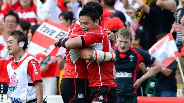 Japanese full back Ayumu Goroumaru celebrates the win over Wales