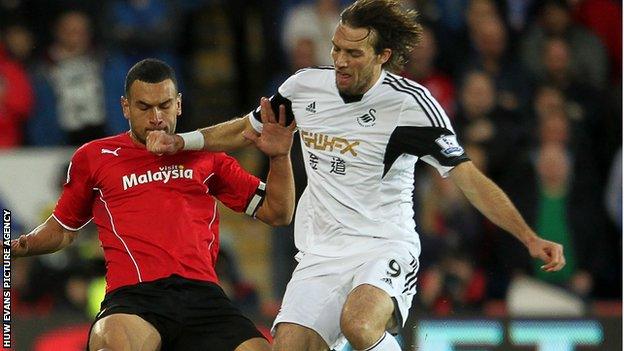 Swansea City striker Michu in action against Cardiff City