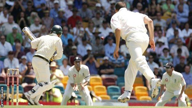 Steve Harmison bowls a wide to second slip at Brisbane in 2006