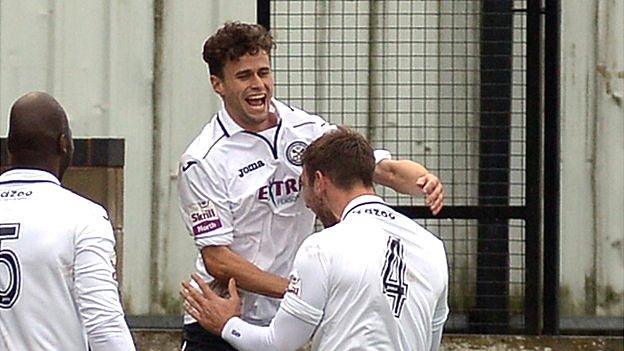 Nathan Woolfe fires in the equaliser then celebrates with Ben Bailey(4) and Francino Francis