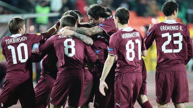 Rubin Kazan players celebrate Oleg Kuzmin's goal