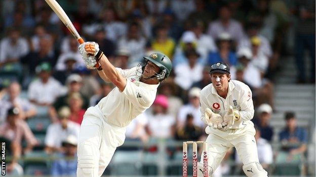 Adam Gilchrist hits out, watched by England keeper Geraint Jones