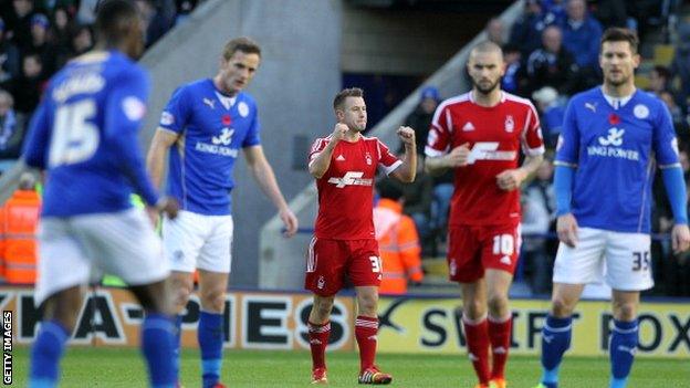 Nottingham Forest's Simon Cox celebrates scoring against Leicester City