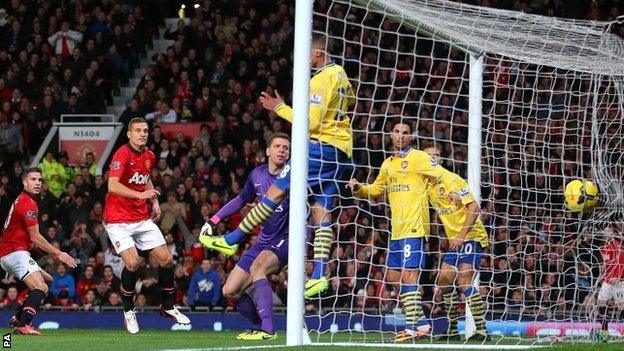 Robin van Persie (far left) scores for Manchester United