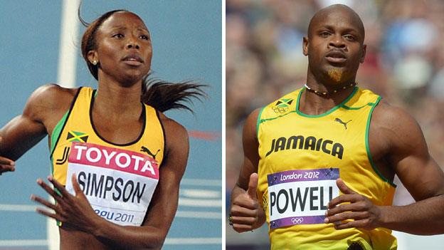 Sherone Simpson (left) and Asafa Powell