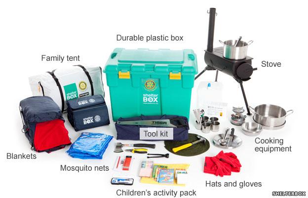 Shelter kit containing box, stove, tent, blankets, cooking equipment, tool kit, children's pack, hats and gloves and mosquito nets