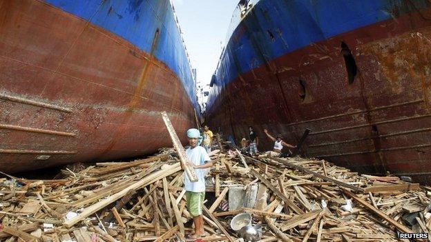 Ships washed ashore by the typhoon in Tacloban, Philippines 11 November 2013