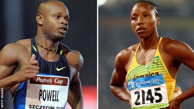 Asafa Powell (left) and Sherone Simpson