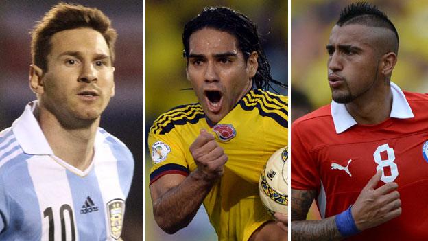 (left to right) Lionel Messi, Radamel Falcao and Arturo Vida