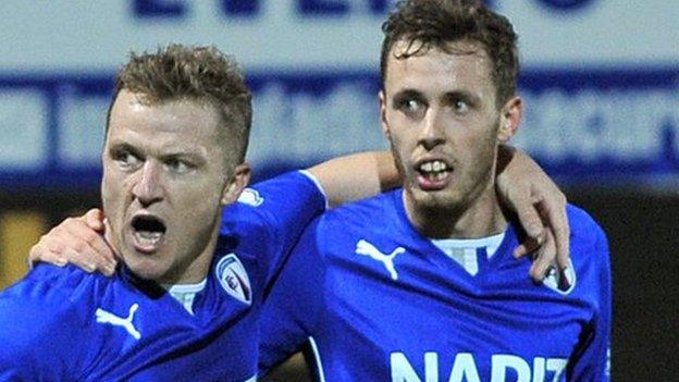 Gary McSheffrey and Jamie Devitt celebrate scoring for Chesterfield