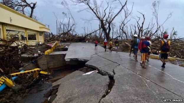 A collapsed bridge in Leyte, Philippines, 12 November 2013