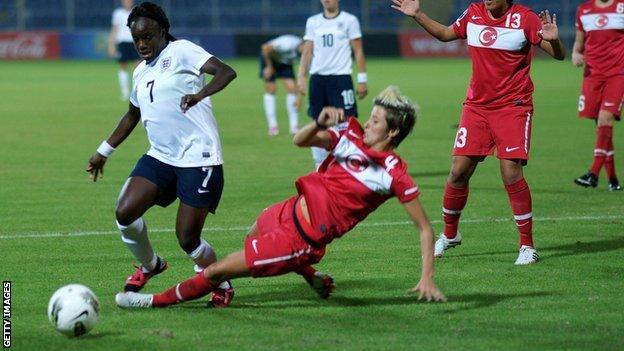 England's Eniola Aluko is challenged against Turkey