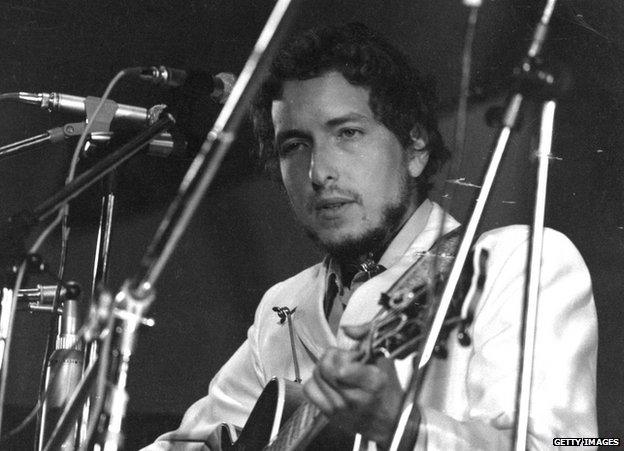 Bob Dylan at the Isle of Wight Pop Festival, England, in 1969