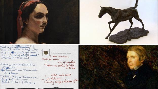 Corot's Italian Woman; Degas' Horse Galloping on Right Foot; portrait of John Ruskin by John Everett Millais; postcard from John Lennon