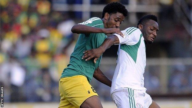 Nigeria's John Mikel Obi (right) battles with Ethiopia's Asrat Megersa