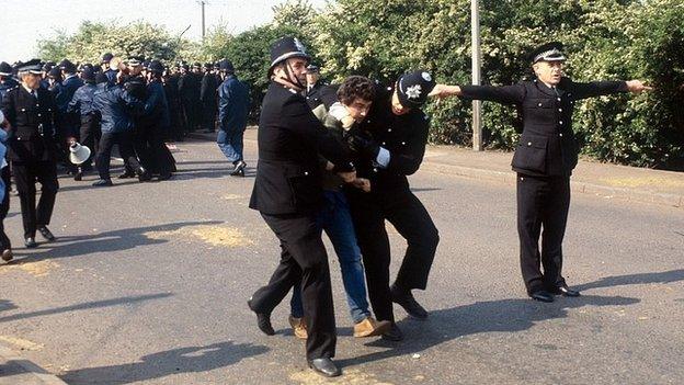 A miner arrested by police at Orgreave