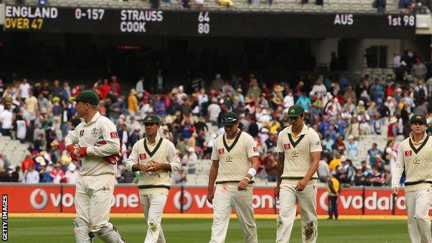 Australia walk off after the first day of the fourth Test in 2010