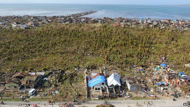 An aerial shot of the devastated town of Guiuan