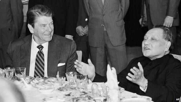 Ronald Reagan and Chinese leader Deng Xiaoping eat lunch together, Saturday, April 28, 1984