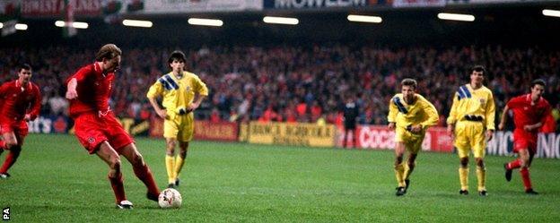 Paul Bodin steps up to strike his penalty against Romania