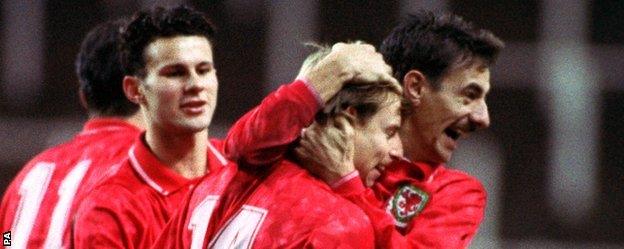 Bodin in happier times, celebrating a penalty against Luxembourg with Ryan Giggs and Ian Rush