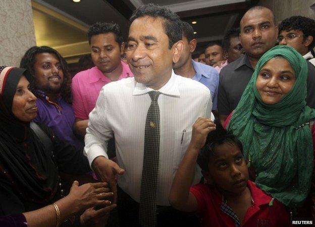 Supporters surround Abdulla Yameen in Male after his election victory in the Maldives, 16 November