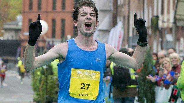 Paul Pollock finishing the Dublin Marathon in 2012