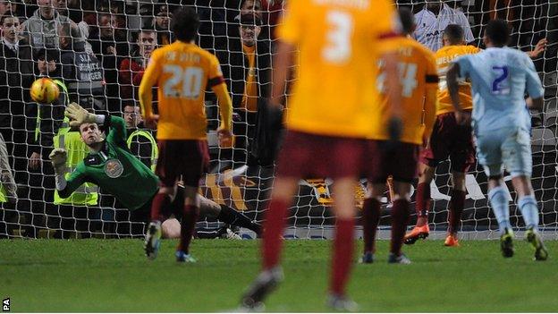 Nakhi Wells scores Bradford's third goal against Coventry City