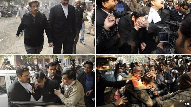 This combo picture shows (from top L-R) Dr Rajesh Talwar as he arrives in court and the attack on him on 25 January 2011