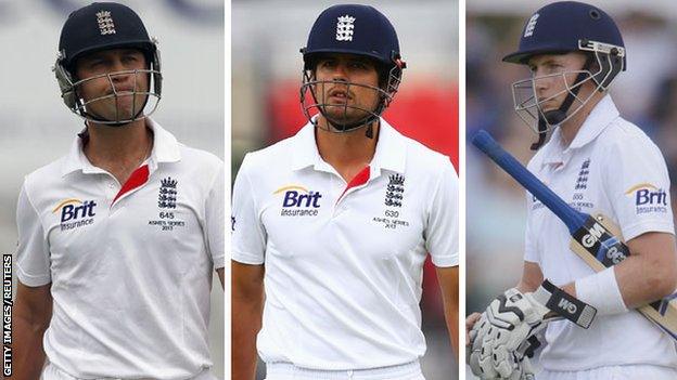 (left to right) Jonathan Trott , Alastair Cook and Joe Root