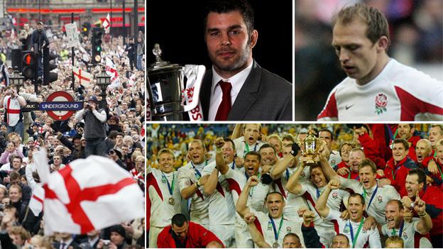 (From left, clockwise) Supporters fill the streets of London for the parade after England's 2003 World Cup triumph; Nick Easter with the Six Nations trophy in 2011; Matt Dawson looks downcast after England's 31-6 defeat by France in 2006; England's players celebrates their 2003 World Cup success