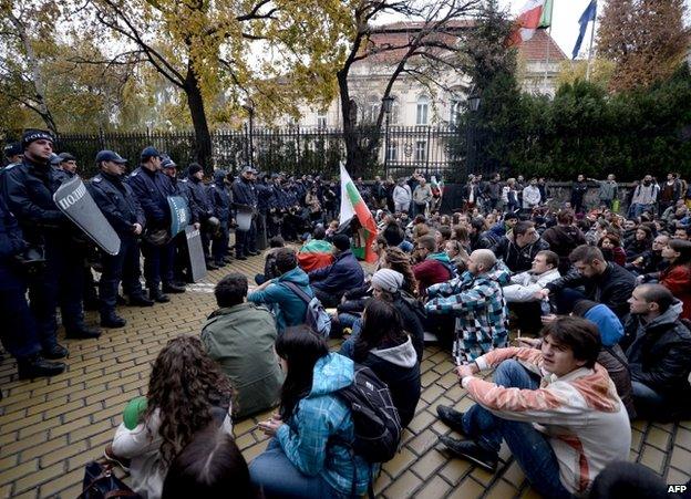 Protesters face police in Sofia, 13 November