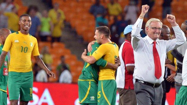 South Africa celebrate after beating Spain